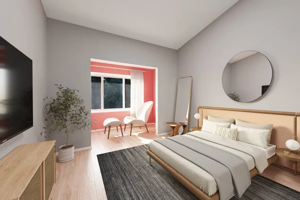 Interieur Eines Modernen Schlafzimmers Mit Bett Und Holzboden Rendering — Stockfoto
