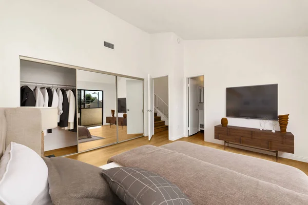 Interior Dormitorio Moderno Cama Cómoda Paredes Blancas Renderizado — Foto de Stock