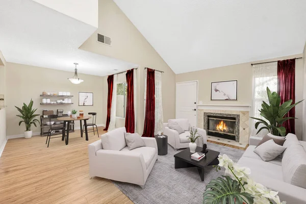 Stock image interior of a modern living room with sofa and fireplace