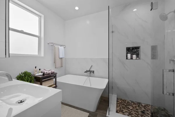 带有白色墙壁和水池的现代化浴室内部 3D渲染 — 图库照片