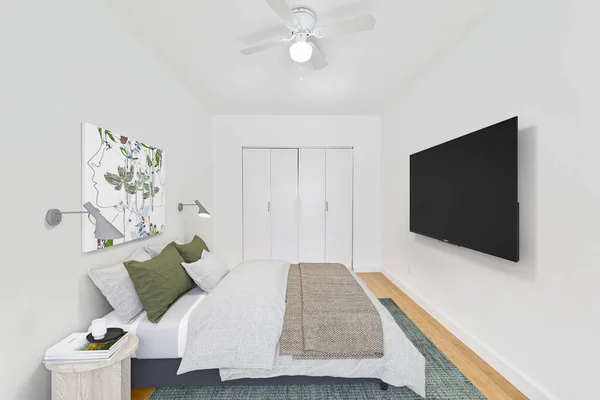 Interior Modern Bedroom White Walls Wooden Floor Rendering — Stock Photo, Image