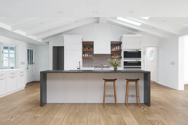 modern kitchen interior with white walls and wooden floor. 3d rendering