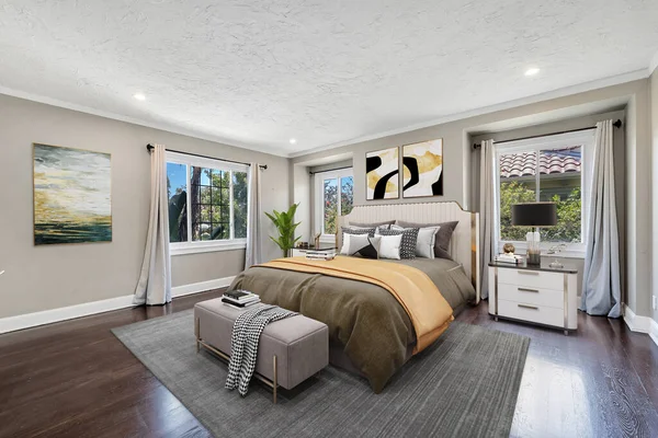 Minimalist 3D rendering of a contemporary bedroom, featuring clean lines and a neutral color palette.
