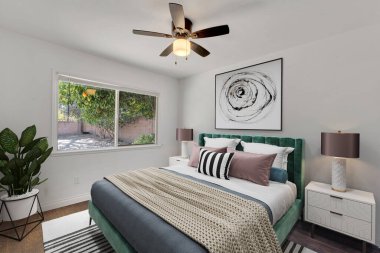Çağdaş bir yatak odasının minimalist 3D yansıması, temiz çizgiler ve nötr renk paleti.