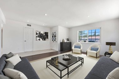 Kanepesi ve sandalyeleri olan modern bir oturma odası. 3d oluşturma 