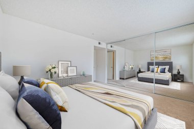 Çağdaş bir yatak odasının minimalist 3D yansıması, temiz çizgiler ve nötr renk paleti.