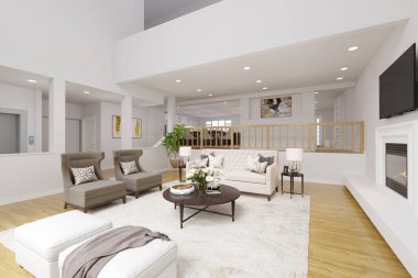 Kanepesi ve şöminesi olan modern oturma odasının içinde.