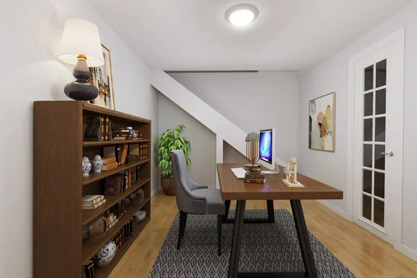 Modernes Wohnzimmer Mit Holzboden Und Tisch Mit Möbeln — Stockfoto