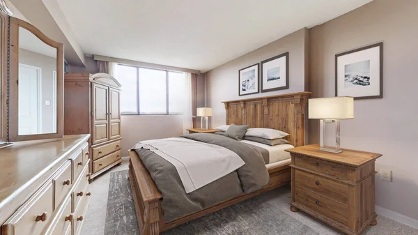 洗練された家具とモダンなベッドルームのインテリアの3Dレンダリングデザイン — ストック写真