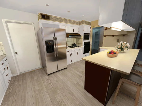 interior of a modern kitchen with fridge and furniture