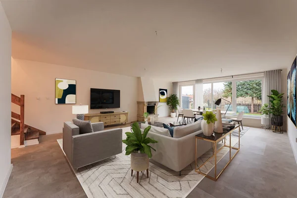 Vackert Modernt Vardagsrum Med Möbler — Stockfoto