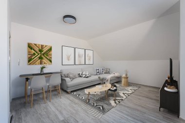 Güzel ve rahat oturma odası iç tasarımı. 3d oluşturma