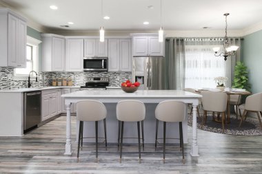 Güzel bir tasarımı olan modern bir mutfak. 3d oluşturma