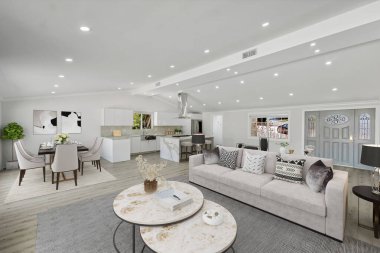 Güzel ve rahat oturma odası iç tasarımı. 3d oluşturma