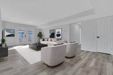 Kanepeli modern oturma odası. 3d oluşturma