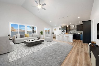 Modern oturma odasının 3 boyutlu tasviri. Mutfağı ve güzel dekoru var.