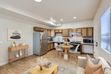 Güzel bir tasarımı olan modern bir mutfak. 3d oluşturma