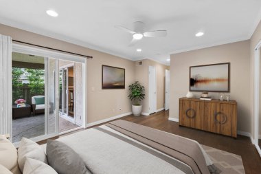 Modern yatak odası iç tasarımı. 3d Rendering