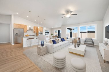 Modern oturma odasının içinde kanepe var. 3d oluşturma