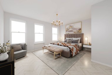 Modern yatak odası iç tasarımı. 3d Rendering