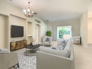 Güzel ve rahat oturma odası iç tasarımı. 3d oluşturma