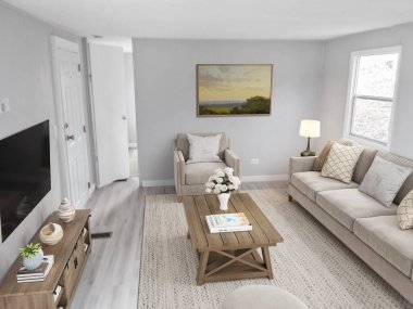 Güzel ve rahat oturma odası iç tasarımı. 3d oluşturma