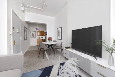 Televizyonlu modern oturma odası iç tasarımı. 3B görüntüleme