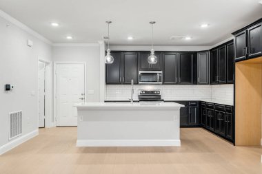 Yeni evdeki modern mutfak, 3D renderig