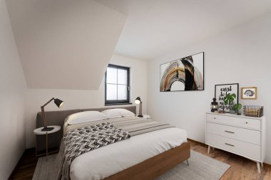 Modern yatak odası iç tasarımı. 3d Rendering