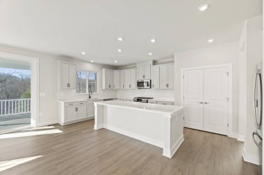 Modern evde yeni mutfak tasarımı. 3d oluşturma