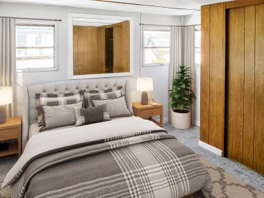 Modern yatak odası iç tasarımı. 3d Rendering