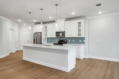Yeni evdeki modern mutfak, 3D renderig