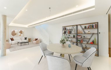 3 boyutlu modern tasarım oturma odası ve güzel mobilyalar.