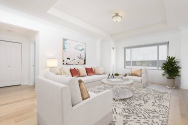 Kanepeli modern oturma odası. 3d oluşturma 