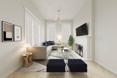 Modern Oturma Odası İç Tasarım. 3d render