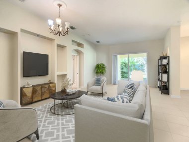 Güzel ve rahat oturma odası iç tasarımı. 3d oluşturma