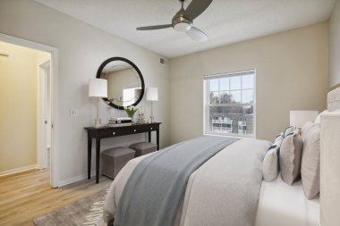 Modern yatak odası iç tasarımı. 3d Rendering