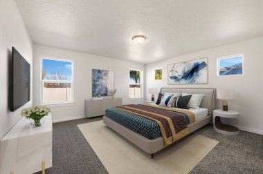 Modern yatak odası iç tasarımı. 3d Rendering