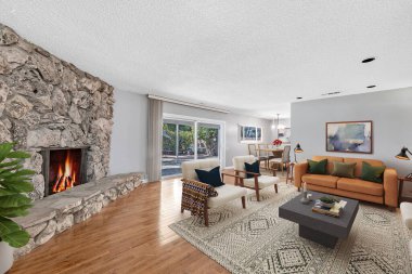 Güzel ve rahat oturma odası iç tasarımı. 3d oluşturma