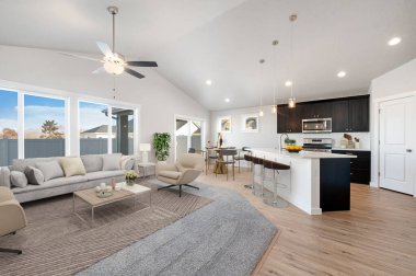 Güzel ve rahat oturma odası iç tasarımı. 3d oluşturma