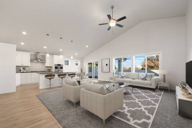 Güzel ve rahat oturma odası iç tasarımı. 3d oluşturma