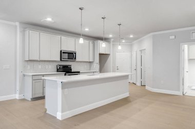 Yeni evdeki modern mutfak, 3D renderig