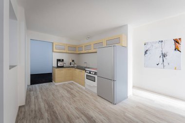 Modern evde yeni mutfak tasarımı. 3d oluşturma