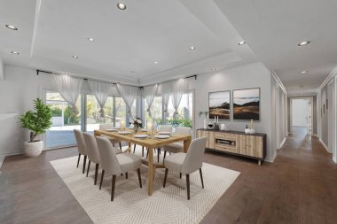 yemek alanı ile modern iç tasarım. 3d oluşturma