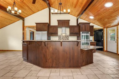 Modern evde yeni mutfak tasarımı. 3d oluşturma