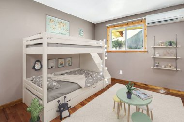 Modern çocukların yatak odasının 3 boyutlu resmi.