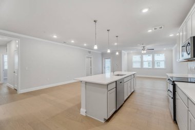 Yeni evdeki modern mutfak, 3D renderig