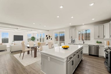 Güzel bir tasarımı olan modern bir mutfak. 3d oluşturma