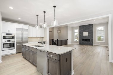 Modern evde yeni mutfak tasarımı. 3d oluşturma