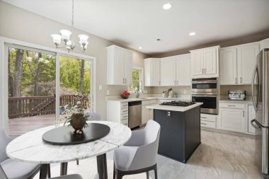 Güzel bir tasarımı olan modern bir mutfak. 3d oluşturma